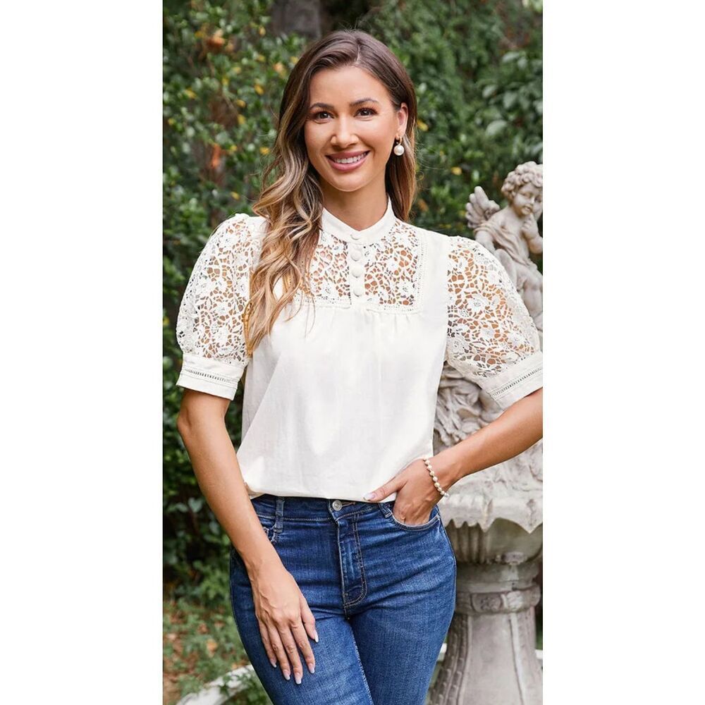 Lace Yoke Puff Sleeve Blouse - Cream